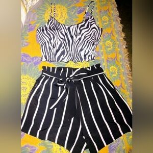 BE COOL Black and White Zebra Crop Top with Striped High-Waist Shorts